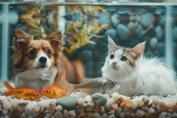 A dog and a cat curiously observe goldfish in an aquarium surrounded by pebbles