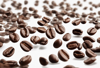 Obraz premium Flying coffee beans isolated on white or transparent