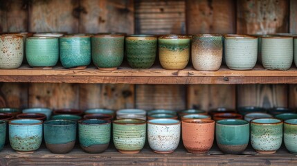 Fototapeta premium Rustic handmade pottery cups displayed on wooden shelves, showcasing traditional craftsmanship and artistic design.