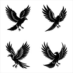 Obraz premium Set of Soaring Bird Silhouettes on White Background: A Graceful Collection of Elegant Bird Silhouettes Capturing the Freedom of Flight for Creative and Versatile Art Projects