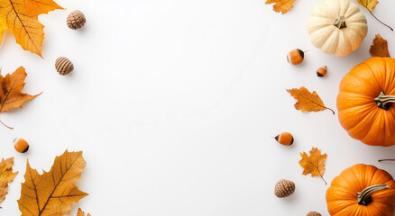 Fototapeta premium Simple Autumn Pumpkin and Acorns with Leaves on White Background, Fall Decoration with Copy Space