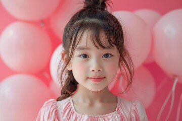 Fototapeta premium closeup smiling asian little girl in pink dress on balloons background, birthday party