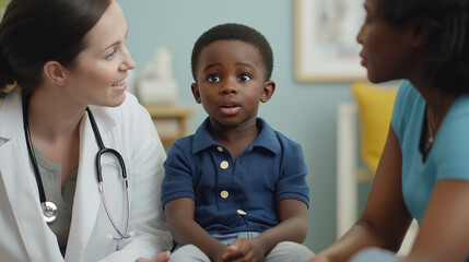 Black little boy interacting with female pediatrician, compassionate and professional medical advice, positive consultation experience in pediatric care


