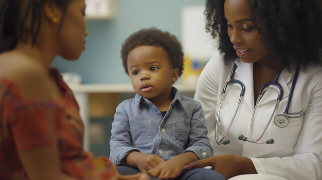 Pediatrician and Black little boy during medical visit, caring and professional consultation, positive and engaging interaction in pediatric environment