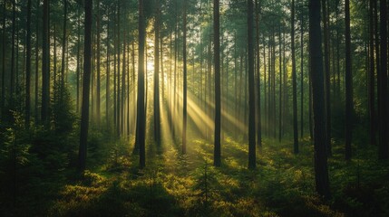 Fototapeta premium Sun rays breaking through the dense canopy of a green pine forest