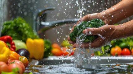 Hands washing fresh broccoli and other colorful vegetables under running water in a kitchen sink.