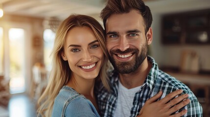 A happy couple smiling and embracing each other inside a cozy, warmly lit home, exuding love and warmth.