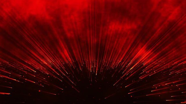 Abstract red orange led background with rays and motion dots. Abstract background with light rays and glowing particles. Animation of geometric design element. 3D rendering. 4K animation