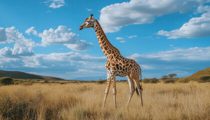 Giraffe is walking in the savanna under a cloudy sky