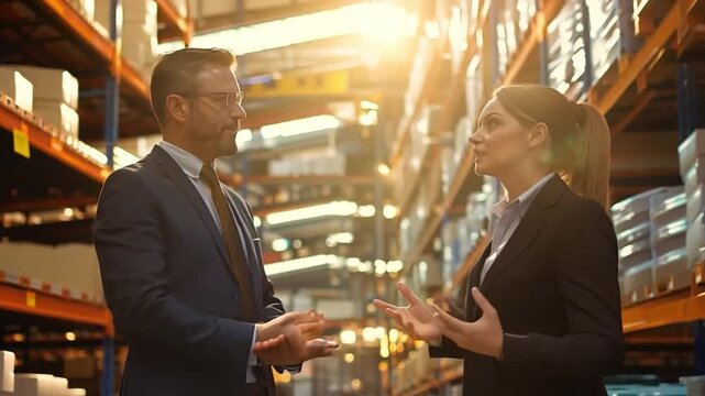 Suit-clad managers overseeing merchandise in a warehouse.