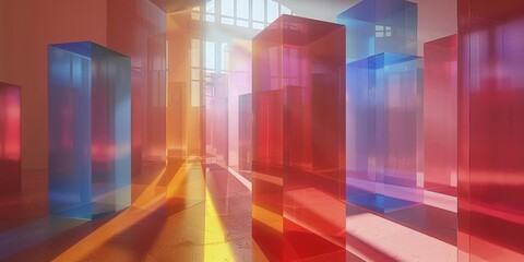 An abstract arrangement of colorful translucent columns in a sunlit room, creating vibrant and dynamic light patterns.