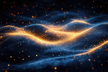 Obraz premium ethereal golden dust particles swirling in elegant curves against a deep midnight blue background shimmering trails create a magical starlike effect in the velvety darkness