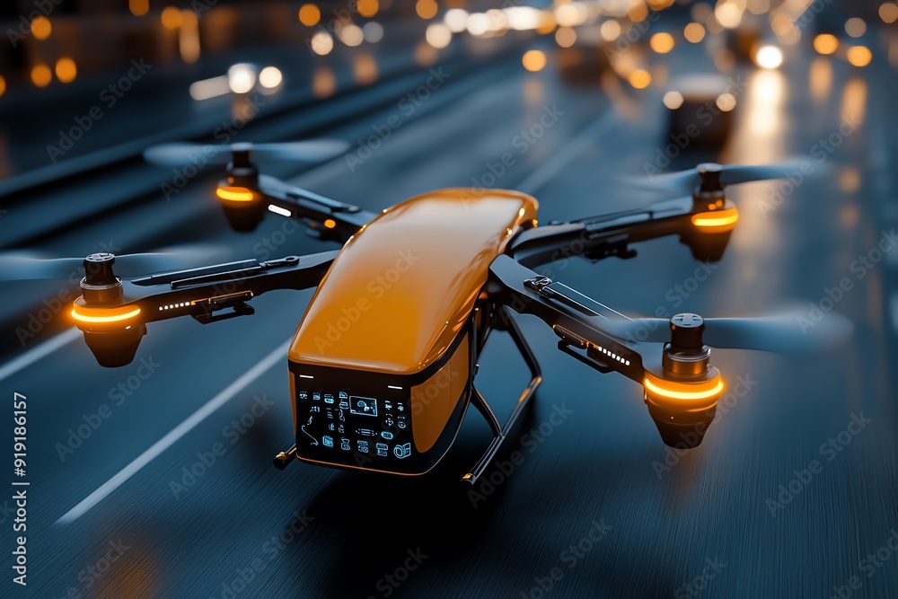 Poster an advanced technology drone swarm delivering packages in a futuristic city, with ai logistics syste