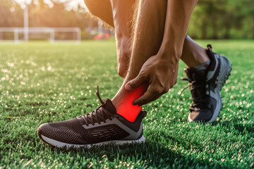During a soccer game, a person on a grass field is in discomfort, holding their ankle in pain from an injury. They need care and rehabilitation for healing