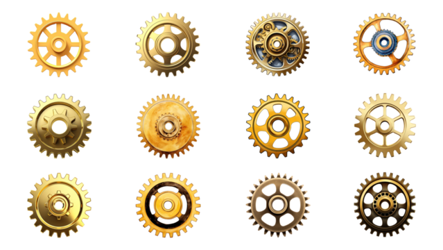 PNG 3D gear wheel  element set, transparent background