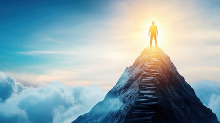 Obraz premium Journey to Success: Guiding Hand Leading the Path Up the Mountain in Watercolor Style with Copy Space for Text