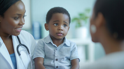 Female pediatrician engaging with Black young boy, friendly and professional medical discussion, supportive interaction in a clinic environment

