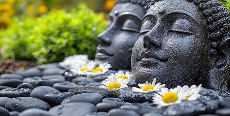 Obraz premium spa and wellness concept, bowl with stones, daisies, and hand towels, advertising image