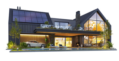 Modern house with solar panels on a transparent background