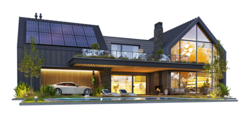 Modern house with solar panels on a transparent background
