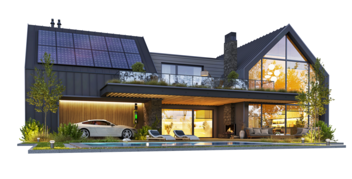 Modern house with solar panels on a transparent background