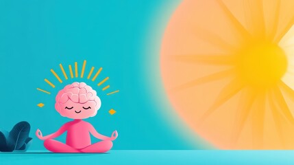 Naklejka premium Tranquil Brain Character Meditating with Copy Space, Flat Design Illustration for Mindfulness and Relaxation Concepts