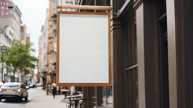 Coffee shop street signboard mock up for logo design, brand presentation, aesthetic muted neutral colors, on the wall outdoor	
