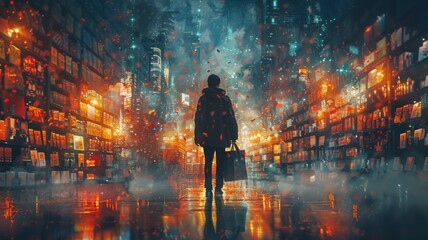 A depiction of a shopper carrying a large shopping bag overflowing with purchases