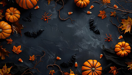 Top-down view of orange pumpkin decorations with spiders, branches with bats, and black leaves on a dark background. Perfect for Halloween-themed designs