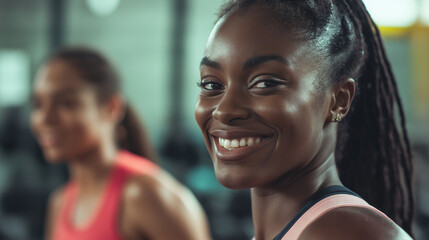 Joyful Black woman warming up with her female friend, happy pre-workout routine, positive interaction and cheerful physical activity

