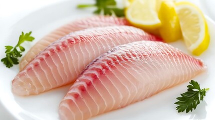 Fresh Fish Fillet on a Plate with Lemon Slices
