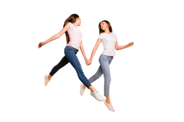 Full length body size view portrait of nice-looking attractive slim fit thin feminine girlish slender cheerful straight-haired ladies having fun spare time isolated over bright vivid shine background