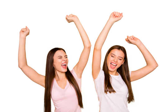 Portrait of positive attractive beautiful people ladies have trip luck lucky achieve goals isolated close eyes scream shout yeah raise fists hands wear pastel clothes bright background