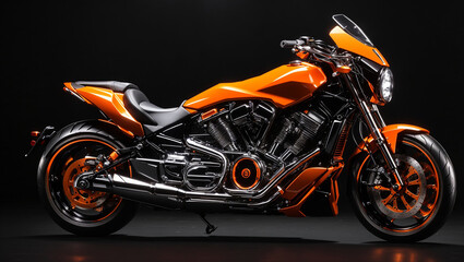 The image is of a bright orange motorcycle with black and silver accents. It is angled slightly towards the left. The background is black.

