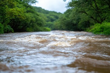 Obraz premium A serene view of a flowing river surrounded by lush greenery, capturing the beauty of nature and tranquility.