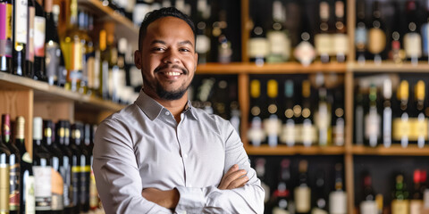 Fototapeta premium Portrait of a smiling shop assistant standing with his arms crossed in a liquor store with a wide selection of wine bottles