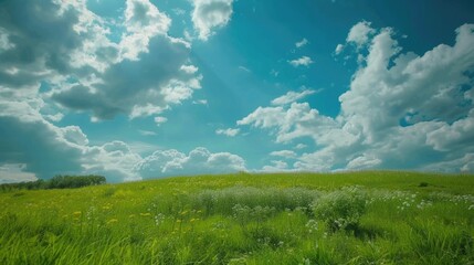 A serene landscape with a field of green grass and colorful wildflowers, set against a bright blue...