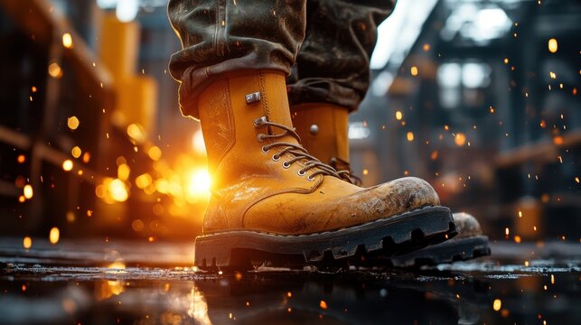 A person is standing in a factory with a pair of yellow boots - Powered by Adobe