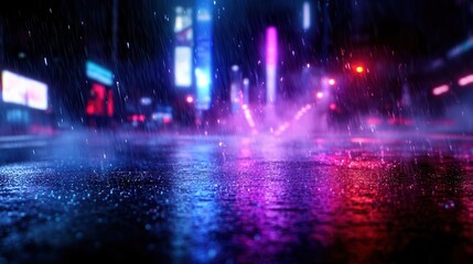 A vibrant urban night scene captured in the rain, showcasing colorful lights reflecting on wet pavement.