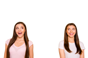 Portrait intelligent charming cute college beautiful people curious student choose decide trip long hair satisfied enjoy ponder funny millennial pastel outfit t-shirts isolated yellow background