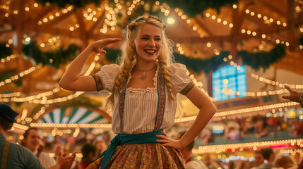 Fototapeta premium Joyful woman dancing in traditional attire at Oktoberfest