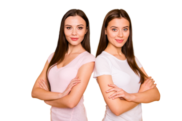 Portrait of nice-looking cute charming sweet tender winsome lovely attractive cheerful straight-haired ladies best pals fellows buddies isolated over bright vivid shine background