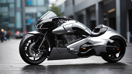 Fototapeta premium The image is of a sleek, silver motorcycle with a black seat and wheels. It is parked on a wet city street.