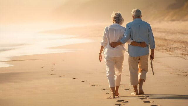 A senior couple, walking hand-in-hand, leave footprints in the soft sand beach at golden sunrise