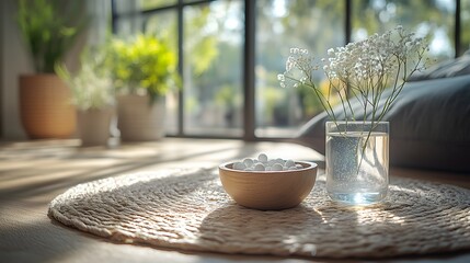 Tranquil Morning Routine: Yoga and Nootropic Supplements in a Sunlit, Minimalist Space for Enhanced Mental Clarity and Wellness