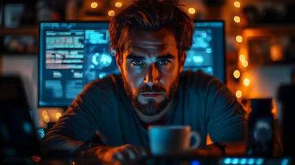 Fototapeta premium Focused Tech Developer or Gamer Working Intensely on Complex Project, Code or Video Game Displayed on Screen, Coffee and Nootropic Supplement for Enhanced Concentration, Modern Tech Setup in Dim Light