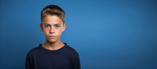 A young boy with a blue shirt and brown hair