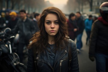 Fototapeta premium A woman in a black leather jacket stands in a crowd of people