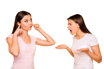 Portrait of nice-looking cute charming lovely attractive irritated annoyed mad depressed straight-haired girls disagreement having fight scandal isolated over bright vivid shine background