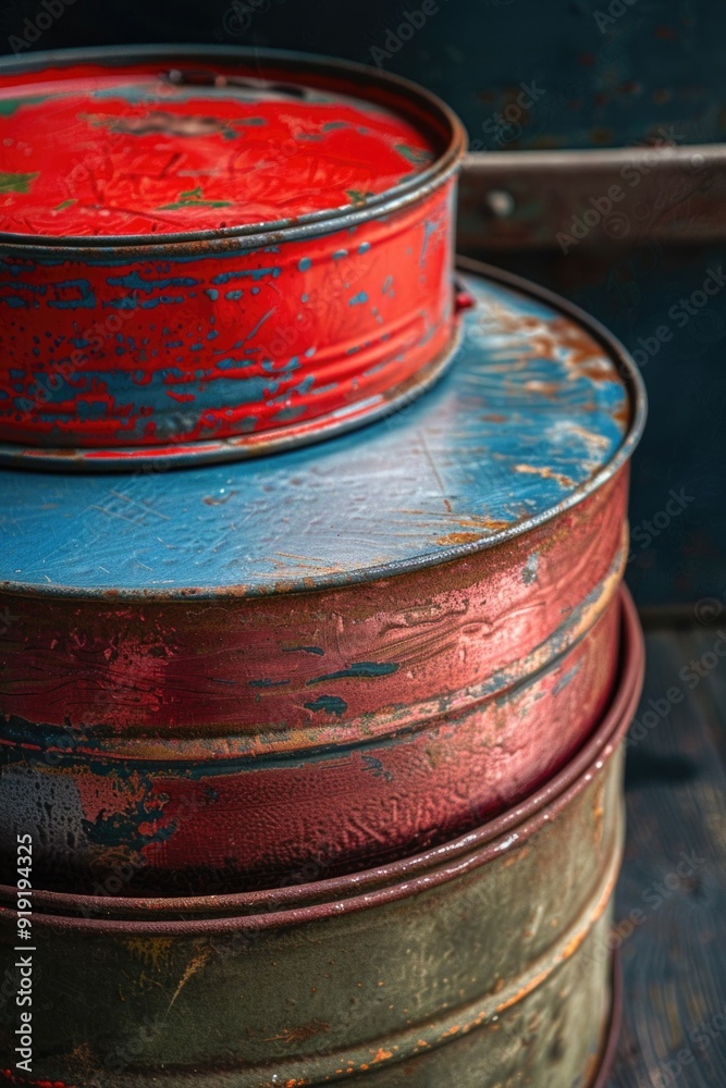 Poster a stack of three tin cans sitting on top of each other, with a rustic and earthy tone